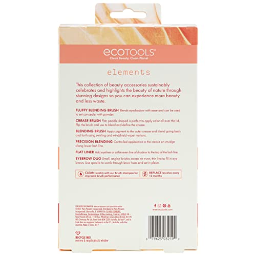 EcoTools Elements Fiery Eye Makeup Brush Set, For Eyeshadow and Eyeliner, Blending Brushes for Eyes, Eco Friendly Makeup Brushes, Limited Edition, Orange, Cruelty Free and Vegan, 6 Piece Set