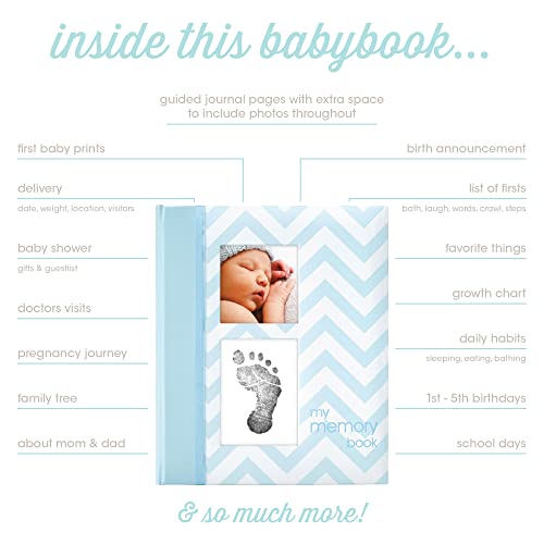Pearhead First 5 Years Chevron Baby Memory Book with Clean-Touch Baby Safe Ink Pad to Make Baby's Hand or Footprint Included, Blue