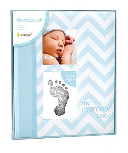 Pearhead First 5 Years Chevron Baby Memory Book with Clean-Touch Baby Safe Ink Pad to Make Baby's Hand or Footprint Included, Blue