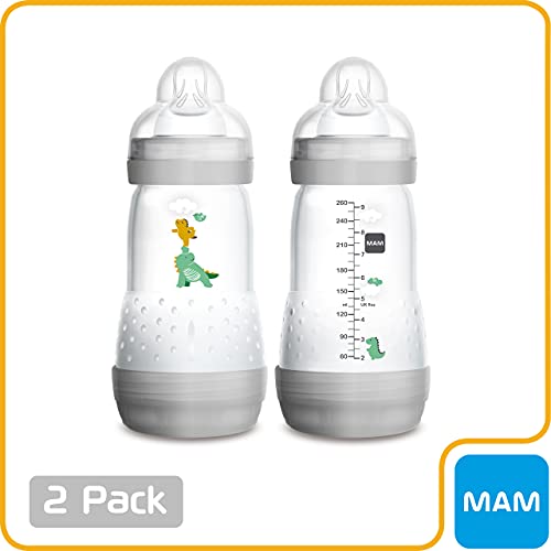 MAM Easy Start Anti-Colic Bottle and Baby Essentials and Medium Flow Bottles with Silicone Nipple and Unisex Baby Bottles and Designs May Vary, 9oz (Pack of 2)