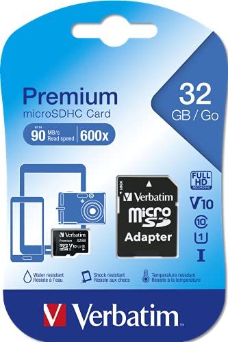 Verbatim 32GB Premium microSDHC Memory Card with Adapter, UHS-I V10 U1 Class 10, Black (44083)