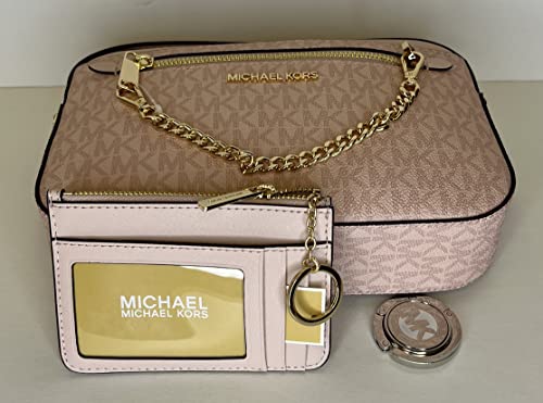 Michael Kors Jet Set Large Chain Crossbody Bag bundled with with SM TZ Coinpouch Wallet and Purse Hook (Signature MK Powder Blush)