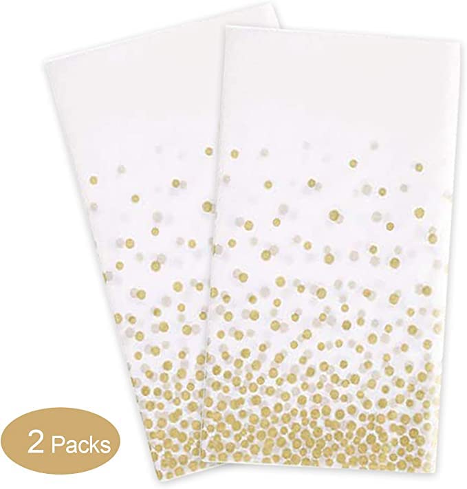 Gexolenu 2 Pack White and Gold Disposable Plastic Tablecloth for Rectangle Tables(54' x 108'), Disposable Waterproof Table Cover for Birthday, Graduation, Gold Table Cloths Party Supplies