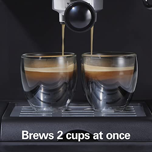 Hamilton Beach 15 Bar Espresso Machine, Cappuccino, Mocha, and Latte Maker, with Milk Frother, Make 2 Cups Simultaneously, Works with Pods or Ground Coffee, 50 oz. Water Reservoir, Black