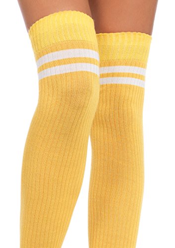 Leg Avenue Women's Ribbed Athletic Thigh High Socks, Yellow/White, One Size