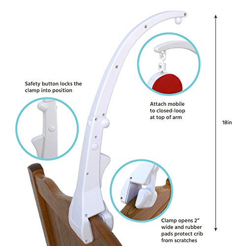 J.L. Childress Crib Mobile Attachment Clamp 18 Inch, Easy Attachment with Rubber Padding, Fits Traditional and Convertible Cribs, White
