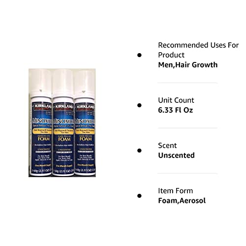 NEW - Kirkland Minoxidil for MEN Hair Growth Treatment Unscented 3 Month Supply Topical Aerosol 5% (Foam), (Compare to Men's Rogaine's Active Ingredient)