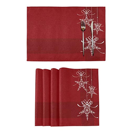 Placemats Elegance Christmas Snowflakes Dining Table Placemats Set of 6 Heat Resistant Kitchen Table Mats Washable Woven Linen-Like Polyester 18X12 Inch Red