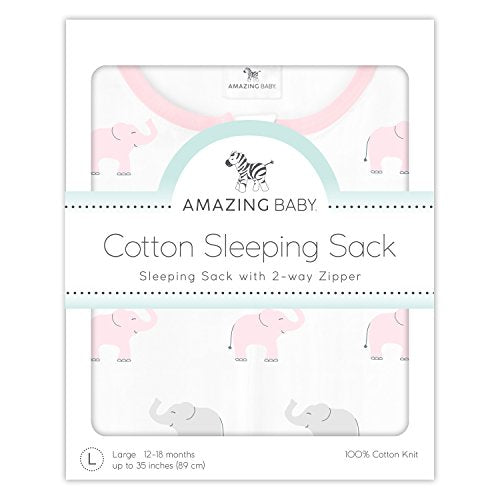 Amazing Baby Cotton Sleeping Sack, Wearable Blanket with 2-way Zipper, Pastel Pink + Gray Tiny Elephants, Medium (6-12 mo)