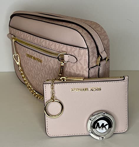 Michael Kors Jet Set Large Chain Crossbody Bag bundled with with SM TZ Coinpouch Wallet and Purse Hook (Signature MK Powder Blush)