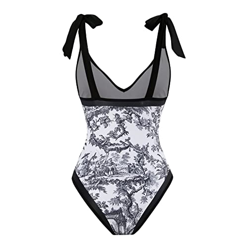 Women Swimsuits Abstract Printing Notched Square/V Neck Floral Vacation One Piece with Cover Up