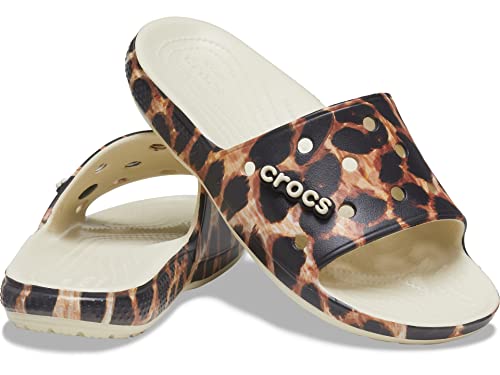 Crocs Unisex Classic Graphic Slide Sandals, Bone/Leopard Animal Remix, 15 US Women
