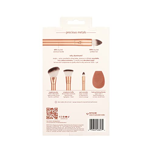 EcoTools Precious Metals Face Blend and Sculpt Set, Makeup Brush Kit, Foundation Brush, Ecofriendly Makeup Brush Kit, Recycled Aluminum, Chrome, Precision, 4 Piece Set