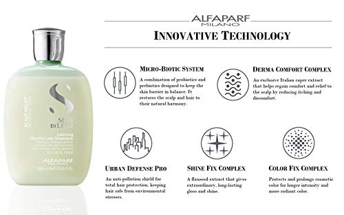 Alfaparf Milano Semi Di Lino Scalp Relief Low Shampoo for Sensitive Skin - Sulfate Free Shampoo - Soothes, Brings Comfort and Hydrates - Itch Relief - Professional Salon Quality - 8.45 Fl Oz