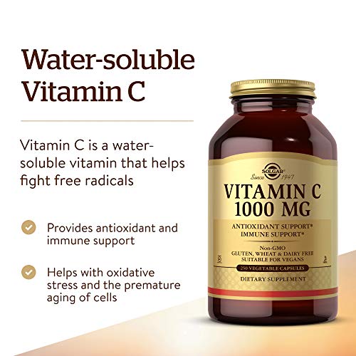 Solgar Vitamin C 1000 mg, 250 Vegetable Capsules - Antioxidant and Immune Support - Overall Health - Healthy Skin and Joints - Bioflavonoids Supplement - Non GMO, Vegan, Gluten Free, Kosher - 250 Servings