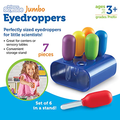 Learning Resources Jumbo Colorful Eyedroppers - Set of 6 with Stand, Ages 3+ Science Class Tools, Preschool Science, Sensory Table Accessories, Toddler Science Goggles, Droppers for Kids