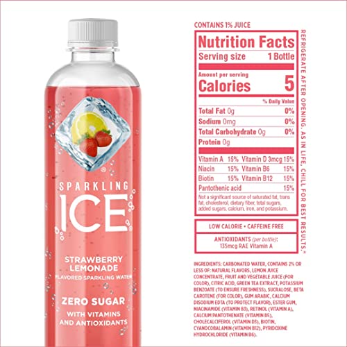 Sparkling Ice, Strawberry Lemonade Sparkling Water, Zero Sugar Flavored Water, with Vitamins and Antioxidants, Low Calorie Beverage, 17 fl oz Bottles (Pack of 12)