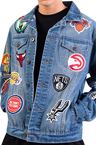 Ultra Game NBA Multi Team Mens Distressed Patch Jean Jacket, Denim, Medium