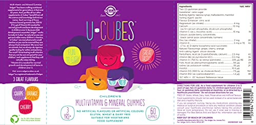 Solgar U-Cubes Children's Multi-Vitamin and Minerals , 60 Gummies - 2 Great-Tasting Flavors , Orange and Cherry - Ages 2 and Up - Non GMO , Gluten Free , Dairy Free - 30 Servings