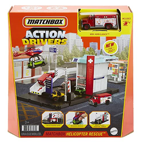 Matchbox Cars Playset, Action Drivers Helicopter Rescue with 1:64 Scale Toy Ambulance and Helicopter, Connects to Other Sets