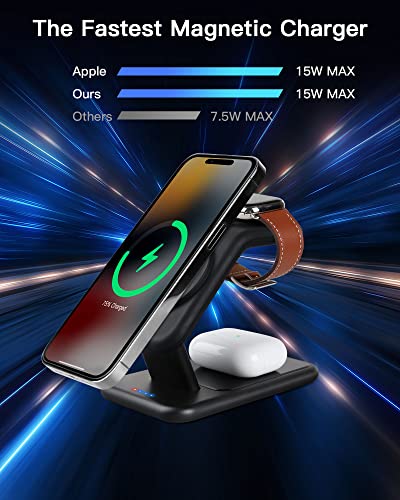 3-in-1 MagSafe Charger Stand, 18W Fast Magnetic Charger for iPhone 14, 13 and 12 Series - Apple Watch and AirPods, Wireless Charging Station for Multiple Devices with Adapter and LED