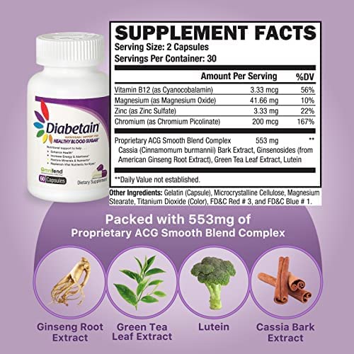 Diabetain Prediabetes, Type 1 and 2 Diabetes Supplements - Premium Blood Sugar Control Optimizer Stabilizer Support - Diabetic Glucose Balance Formula with Vitamins (60 Count (Pack of 3))