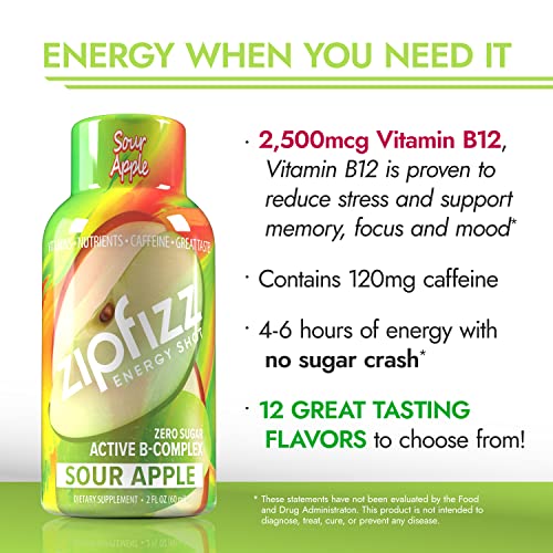 Zipfizz 2oz Energy Shot - Sour Apple Flavor | Hydrating Electrolyte Drinks w/Liquid B12, Caffeine, Ginseng, and Vitamins | Low Carb, Gluten Free, Sugar Free Energy Drink (6 Pack)