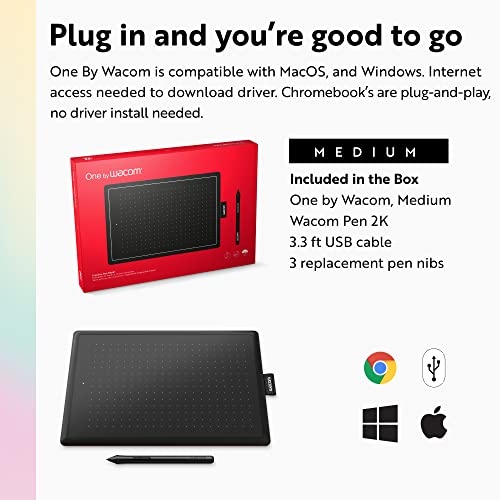 One by Wacom Medium Graphics Drawing Tablet, Portable and Versatile for Students and Creators,10.9 x 7.4 inches, Ergonomic 2048 Pressure Sensitive Pen, Compatible with Chromebook, Mac and Windows