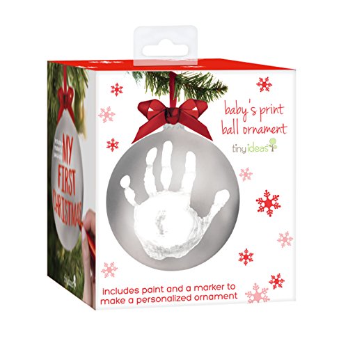 Tiny Ideas Baby's Print 1st Holiday Keepsake Ball Ornament with Included Paint for Handprint, DIY Christmas Ornament, Silver