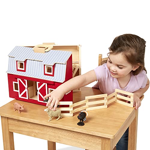 Melissa and Doug Fold and Go Wooden Barn With 7 Animal Play Figures - Farm Animals Portable Toys For Kids And Toddlers Ages 3+