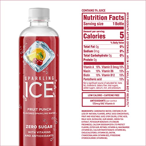 Sparkling Ice, Fruit Punch Sparkling Water, Zero Sugar Flavored Water, with Vitamins and Antioxidants, Low Calorie Beverage, 17 fl oz Bottles (Pack of 12)