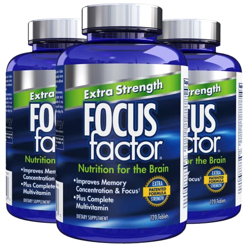 Focus Factor Adults Extra Strength, 120 Count- Brain Supplement for Memory, Concentration, Focus- DMAE, Vitamin D, DHA- Brain Health Supplement – Trusted Formula- Brain Vitamins, Focus Pills (3 Pack)