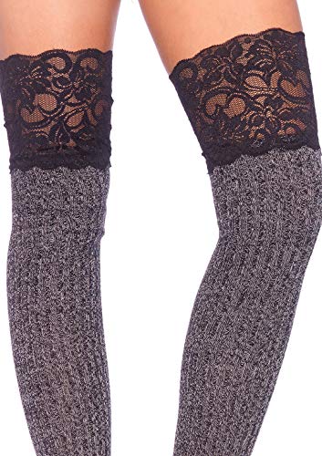 Leg Avenue Women's Rib Knit Thigh Highs, Grey/Black Wide Lace, One Size