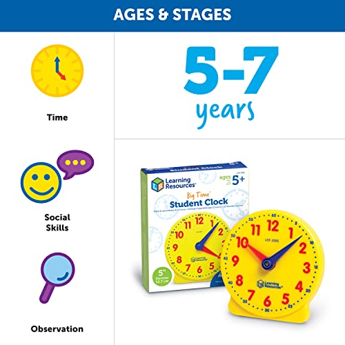 Learning Resources Big Time Student Clock, Teaching and Demonstration Clock, Develops Time and Early Math Skills, Clock for Learning, 12 Hour, Ages 5+