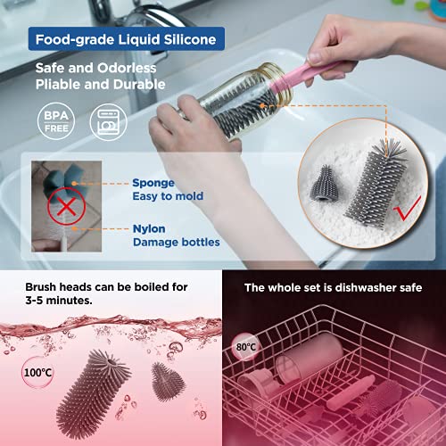 TechoEcho Travel Baby Bottle Brush Set with Extendable Liquid Silicone Bottle Brush,Nipple Brush,Built-in Bottle Drying Rack,Straw Cleaner Brush,Baby Bottle Soap Dispenser,Bottle Warmer (Yellow)