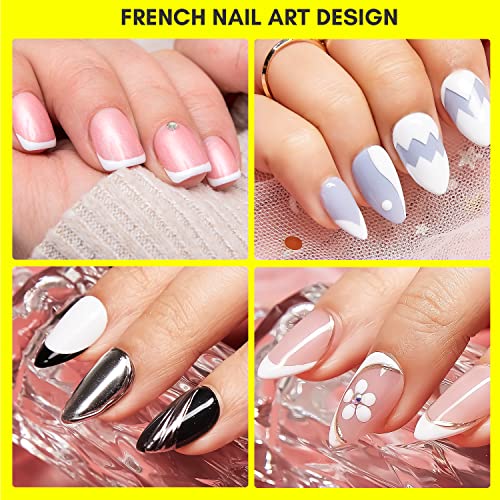 Makartt 7PCS French Nail Art Stickers Kit, 8ML White Gel Nail Polish,6 Sheets French Tip Stickers, Self-Adhesive French Manicure Strips Guides French Edge Auxiliary Kit For Beginner DIY Nail Design