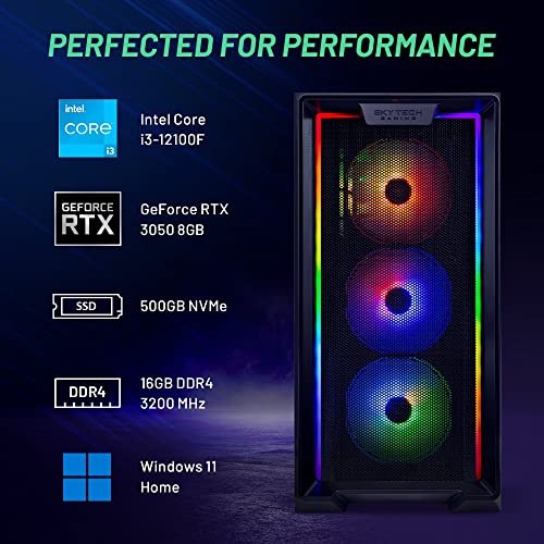 Skytech Nebula Gaming PC Desktop – Intel Core i3 12100F 3.3 GHz, NVIDIA RTX 3050, 500GB NVME SSD, 16GB DDR4 RAM 3200, 600W Gold PSU, Wi-Fi, Windows 11 Home 64-bit