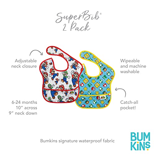 Bumkins Nintendo Super Mario SuperBib, Baby Bib, Waterproof, Washable, Stain and Odor Resistant, 6-24 Months (Pack of 2) - Classic and Icons