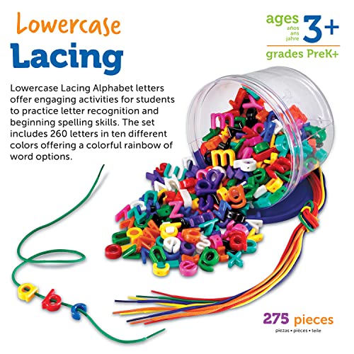 Learning Resources Lowercase Lacing Letters - 275 Pieces, Ages 3+ Toddler Alphabet Learning Toys, Preschool Games, Homeschool Supplies, Fine Motor Skills Toys, Alphabet Beads, Early Spelling