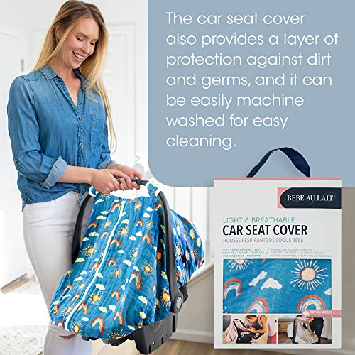 Bebe au Lait Classic Muslin Car Seat Cover -Perfect Baby Car Seat Covers for Babies, Car Seat Canopy, Unisex Baby Car Seat Cover- Easy Snap Straps, Fully Zippered Opening, Breathable- Hello Sunshine