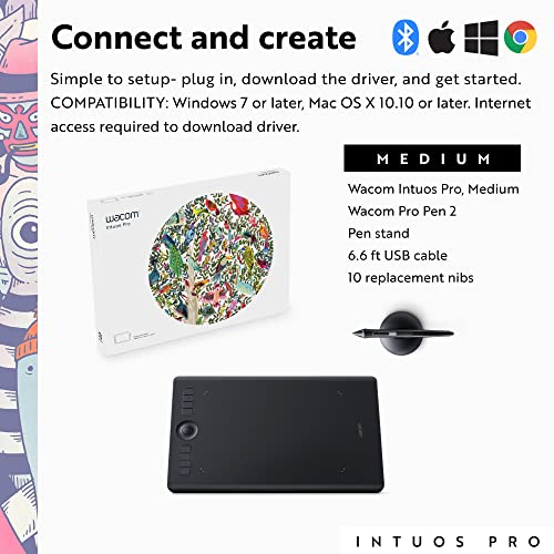 Wacom Intuos Pro Medium Bluetooth Graphics Drawing Tablet, 8 Customizable ExpressKeys, 8192 Pressure Sensitive Pro Pen 2 Included, Compatible with Mac OS and Windows