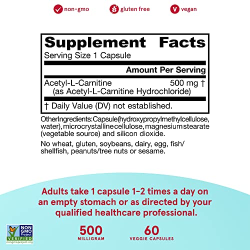 Jarrow Formulas Acetyl L-Carnitine 500 mg - Antioxidant Protection for The Brain - Supports Energy Production and Metabolism - Heart and Cardiovascular Health - 60 Veggie Capsules (Packaging May Vary)