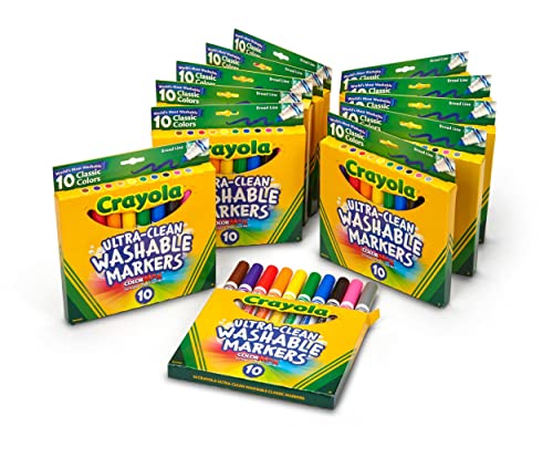 Crayola Ultra Clean Washable Markers (12 Pack), Bulk Markers for Kids, 10 Broad Line Markers, Classroom Supplies, Ages 4+