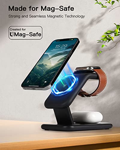 3-in-1 MagSafe Charger Stand, 18W Fast Magnetic Charger for iPhone 14, 13 and 12 Series - Apple Watch and AirPods, Wireless Charging Station for Multiple Devices with Adapter and LED
