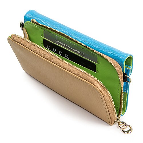 Kroo Clutch Wallet with Wristlet and Crossbody Strap for Smartphones or Phablets up to 5.7 Inch - Carrying Case - Frustration-Free Packaging - Light Blue and Brown