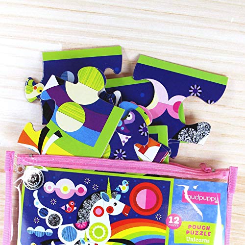 Mudpuppy Unicorns Pouch Puzzle, 12 Extra-Thick Pieces, 14”x11” – Great for Kids Age 2+ – Perfect for Travel – Helps Develop Hand-Eye Coordination - Packaged in Secure, Reusable Pouch