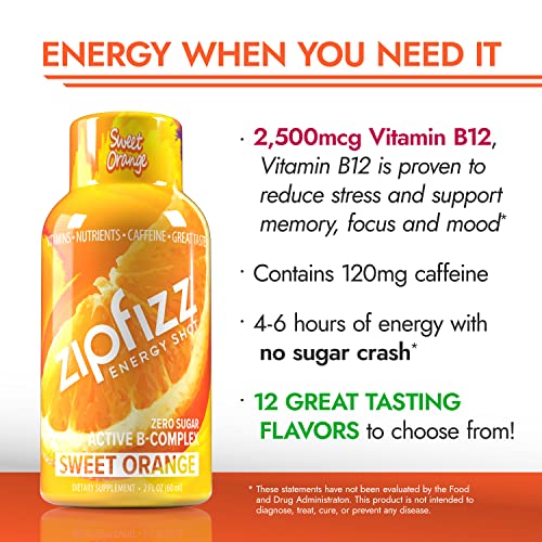 Zipfizz 2oz Energy Shot - Sweet Orange Flavor | Hydrating Electrolyte Drinks w/Liquid B12, Caffeine, Ginseng, and Vitamins | Low Carb, Gluten Free, Sugar Free Energy Drink (6 Pack)