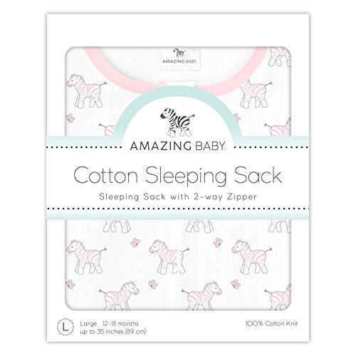 Amazing Baby Cotton Sleeping Sack, Wearable Blanket with 2-way Zipper, Pink Tiny Zebras, Small (0-6 mo)