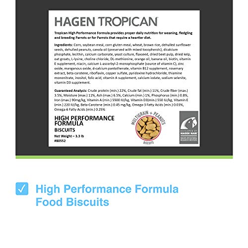 Hari Tropican Bird Food, Hagen Parrot Food Biscuits with Vitamins and Minerals for Birds Needing Extra Nutrition, High Performance Formula, 3.3 lb Bag