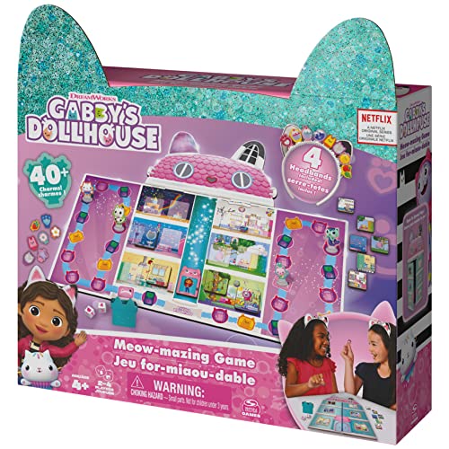 Gabby’s Dollhouse, Meow-Mazing Board Game Based on The DreamWorks Netflix Show with 4 Kitty Headbands, for Families and Kids Ages 4 and up